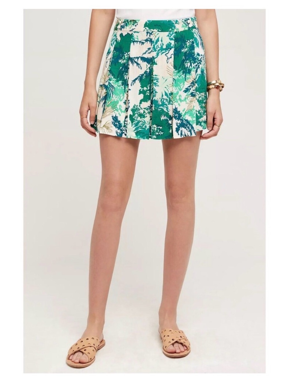 ANTHROPOLOGIE Elevenses Kadu Green Tropical Palm Palm Print Pleated Skort Size 8